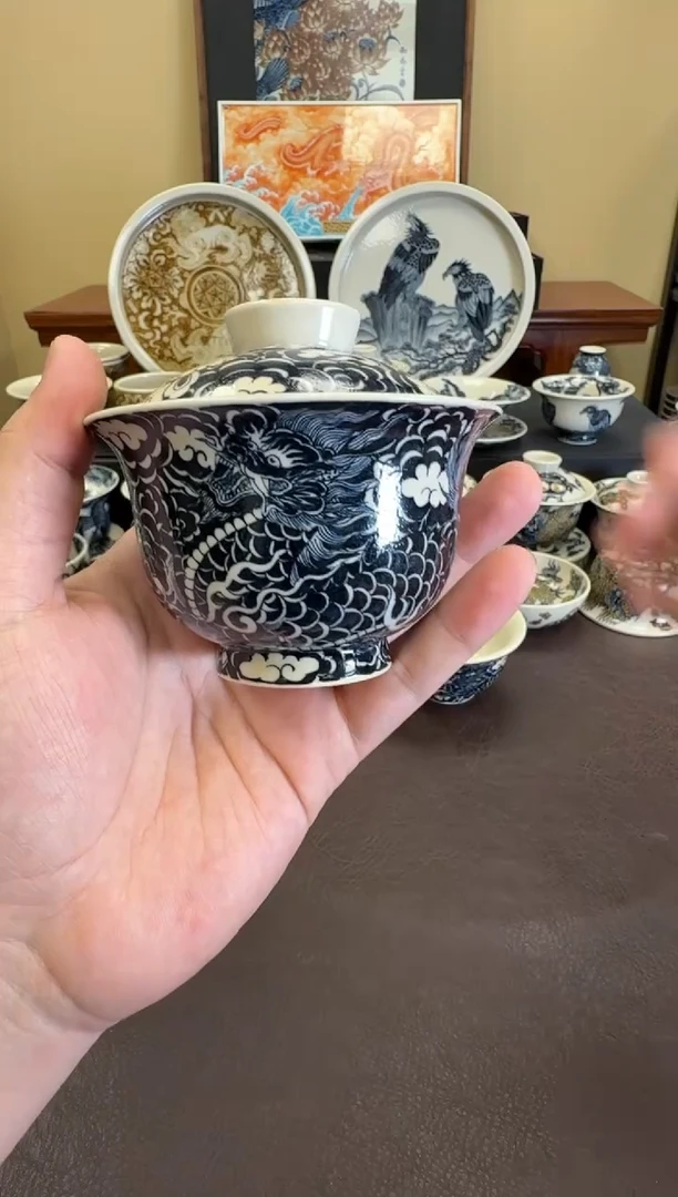 二号釉云墨麒麟元宝盖碗