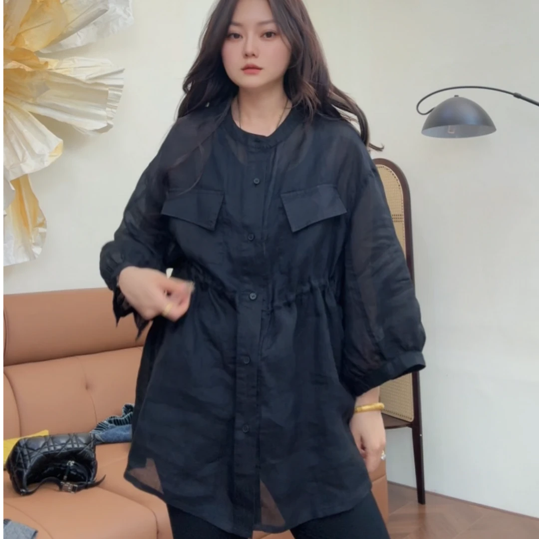 museguhui/木色古汇82576#抽绳纯色休闲百搭气质显瘦苎麻衫