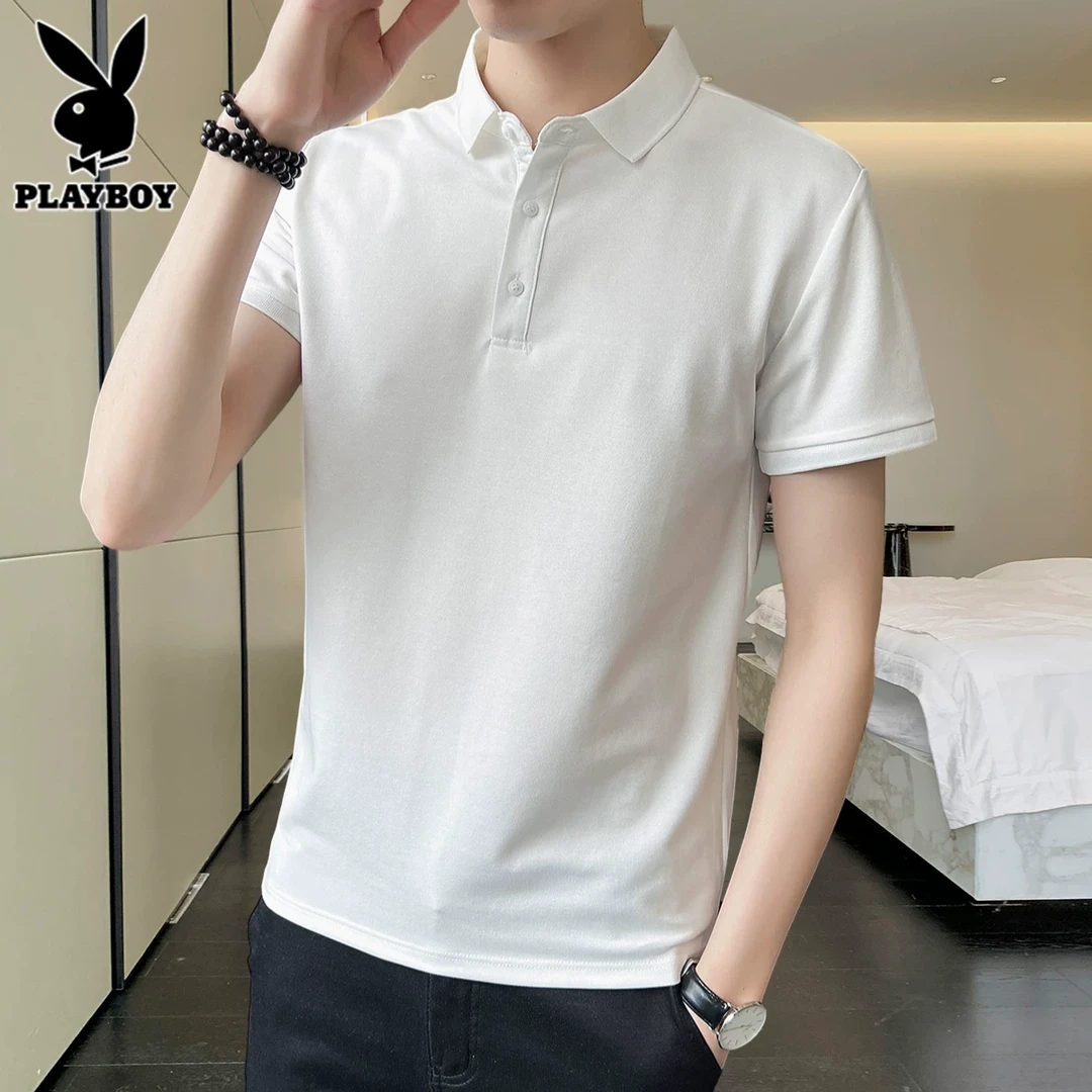 花花公子夏季翻领polo衫男士短袖t恤新款潮牌休闲凉感白色上衣男T