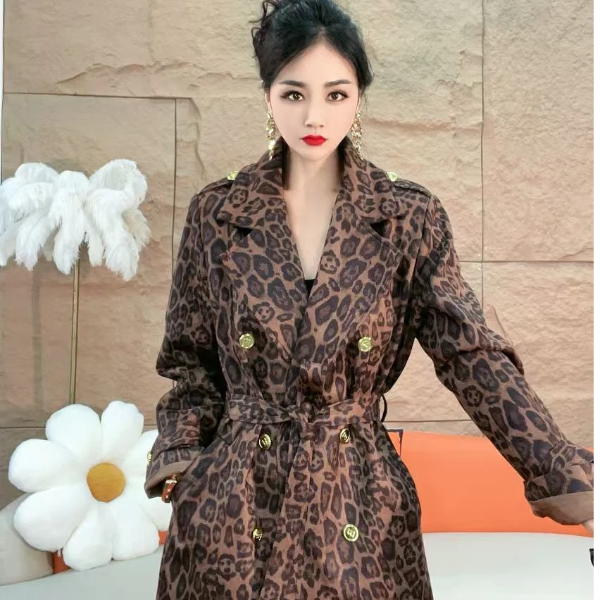 83秋冬新款时尚气质百搭豹纹加棉风衣外套