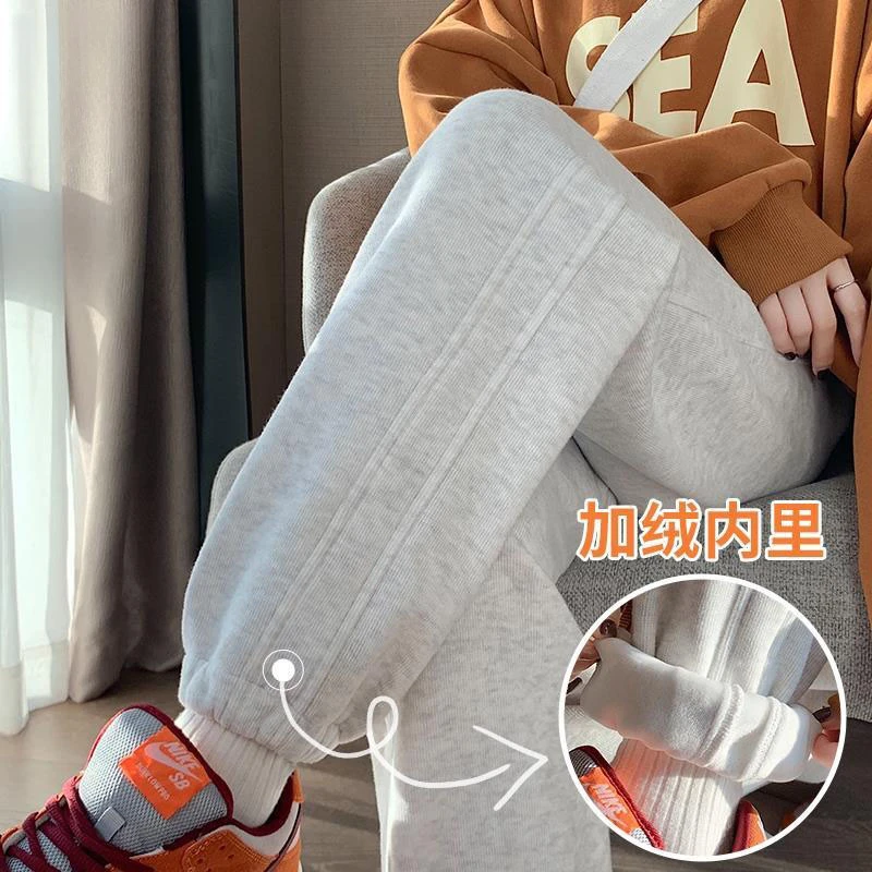 啄木鸟加绒运动裤女秋冬新款宽松显瘦高腰束脚休闲百搭保暖卫裤女