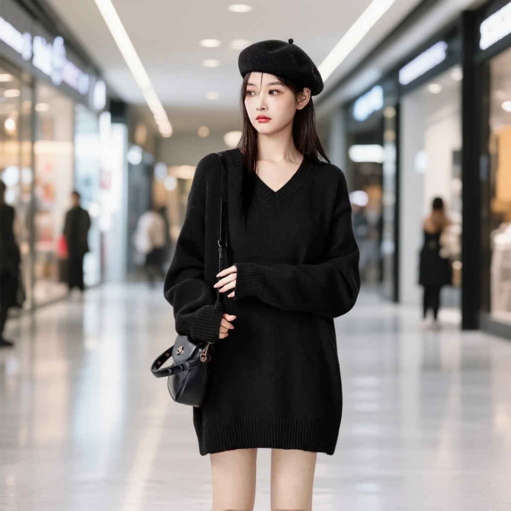 中长款V领针织衫女薄款秋冬款韩版纯色宽松洋气大码针织打底衫潮