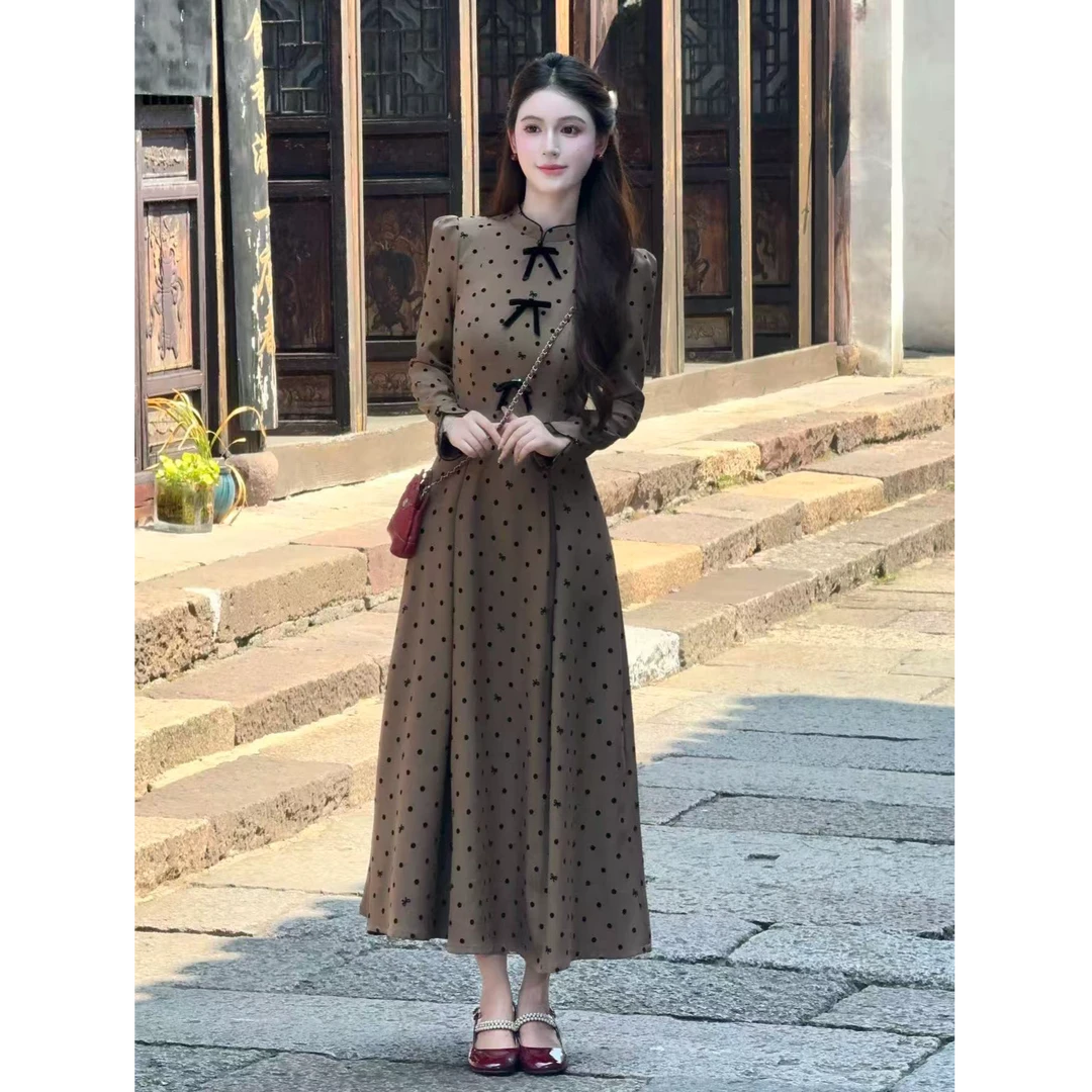 【初相识】LiLi国风新中式改良气质咖色蝴蝶结连衣裙裙子XMZH9005