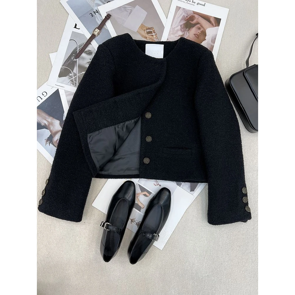 高端气质百搭短款外套2025秋冬新款黑色粗花呢小香风圆领法式上衣