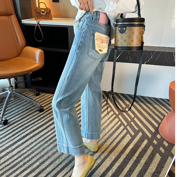 挚爱裤型~！高腰直筒法棍牛仔裤女2025新款秋季九分弹力烟管裤子