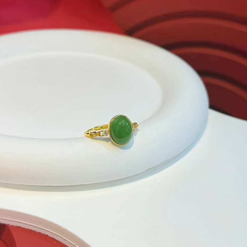 s925银镶嵌9*11mm碧玉旦面戒指HNZ12347