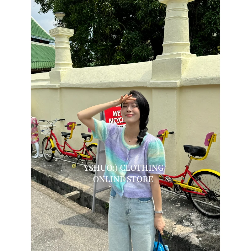 【星空下】春新款渐变单排扣条纹撞色毛衣短袖 24039