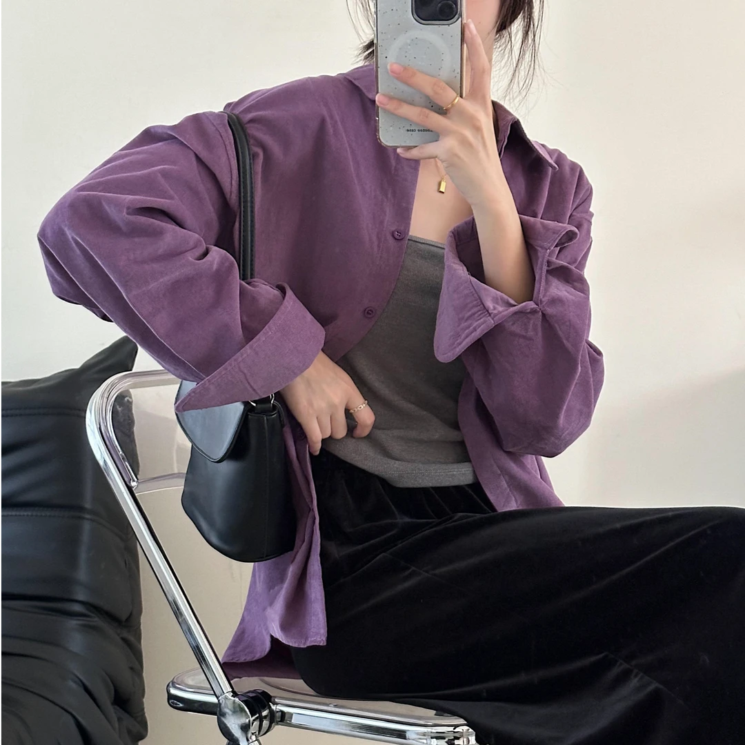 紫色衬衫女秋装新款时髦感宽松polo领上衣洋气韩风长袖灯芯绒衬衣