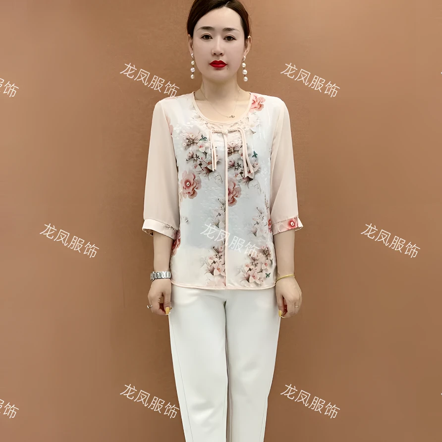 新款中老年妈妈装提花新中式薄款宽松型气质显瘦女士八分袖T恤