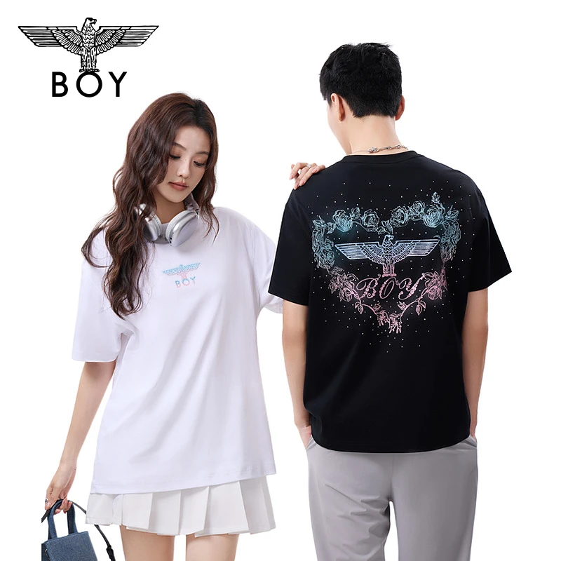 【玫瑰之心】BOYLONDON春夏情侣款渐变烫钻潮牌设计感短袖T恤N01902