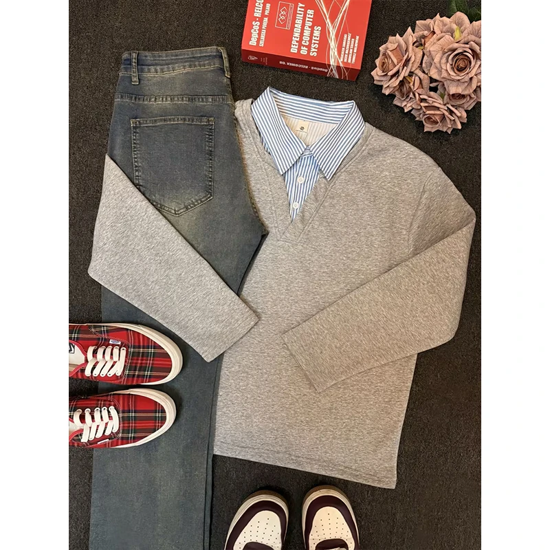 假两件衬衫领卫衣男士2025春季小众高级感翻领T恤学院风大码外套