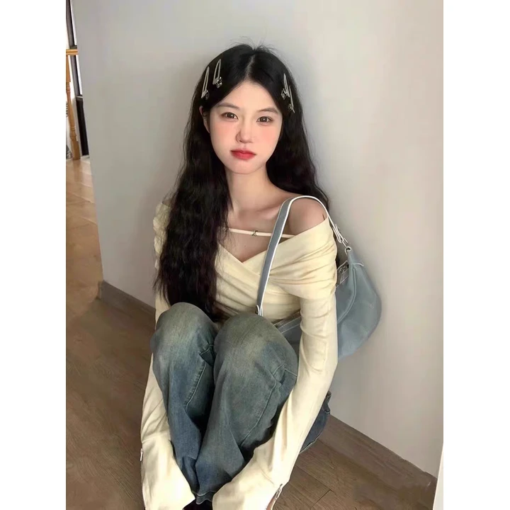 纯欲性感V领长袖T恤女串款韩系穿搭短款甜酷辣妹修身打底衫内搭