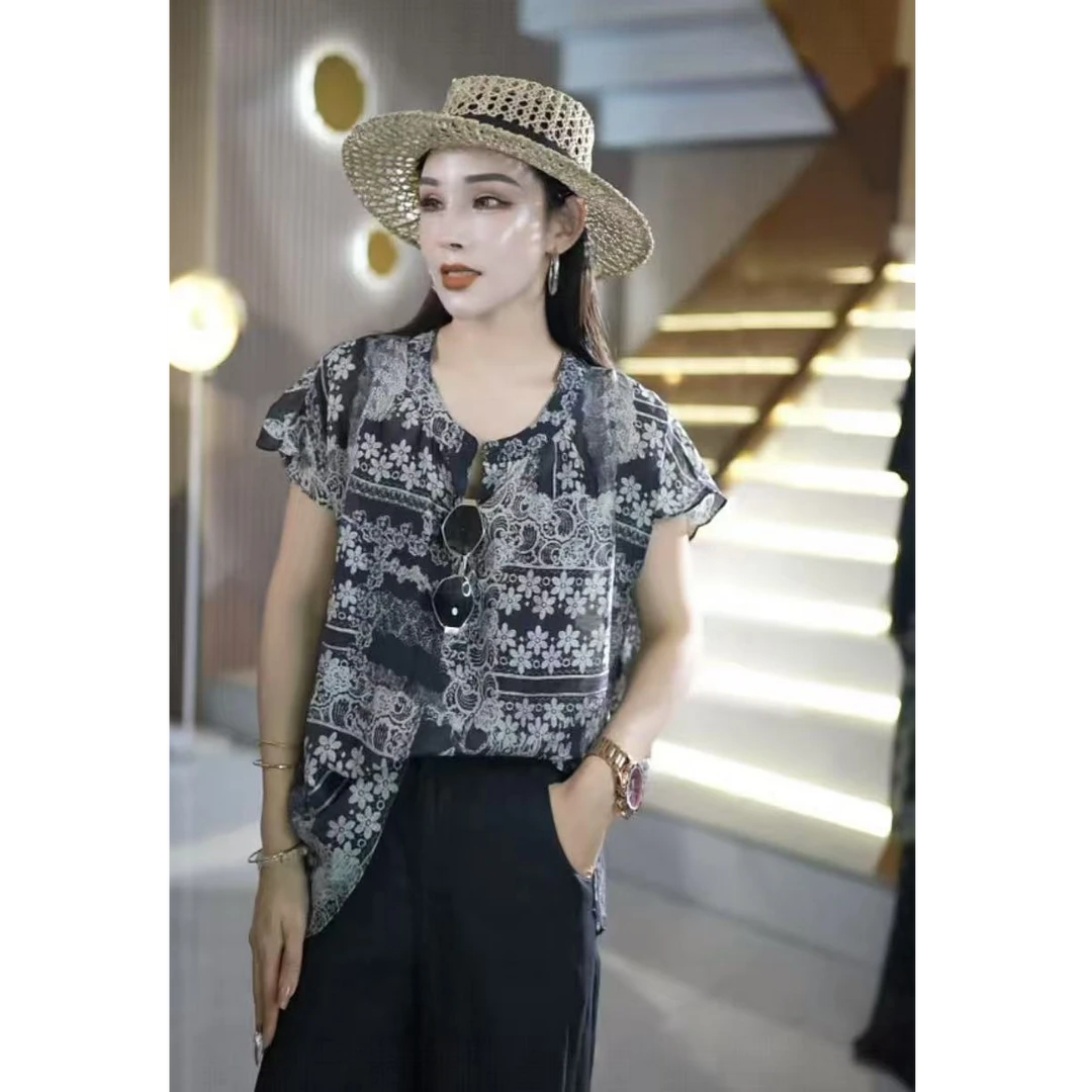 夏季出游时尚百搭洋气宽松松弛感薄款老花女士上衣衬衫HB18915C