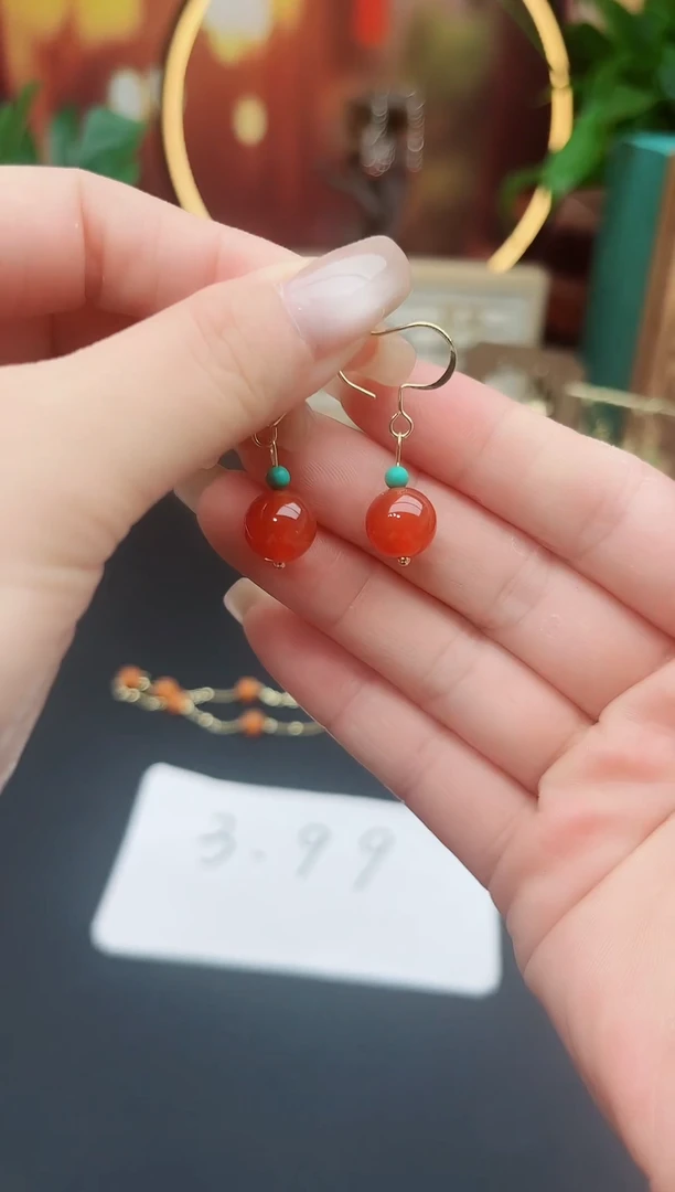 南红玛瑙银S925镶嵌耳饰424