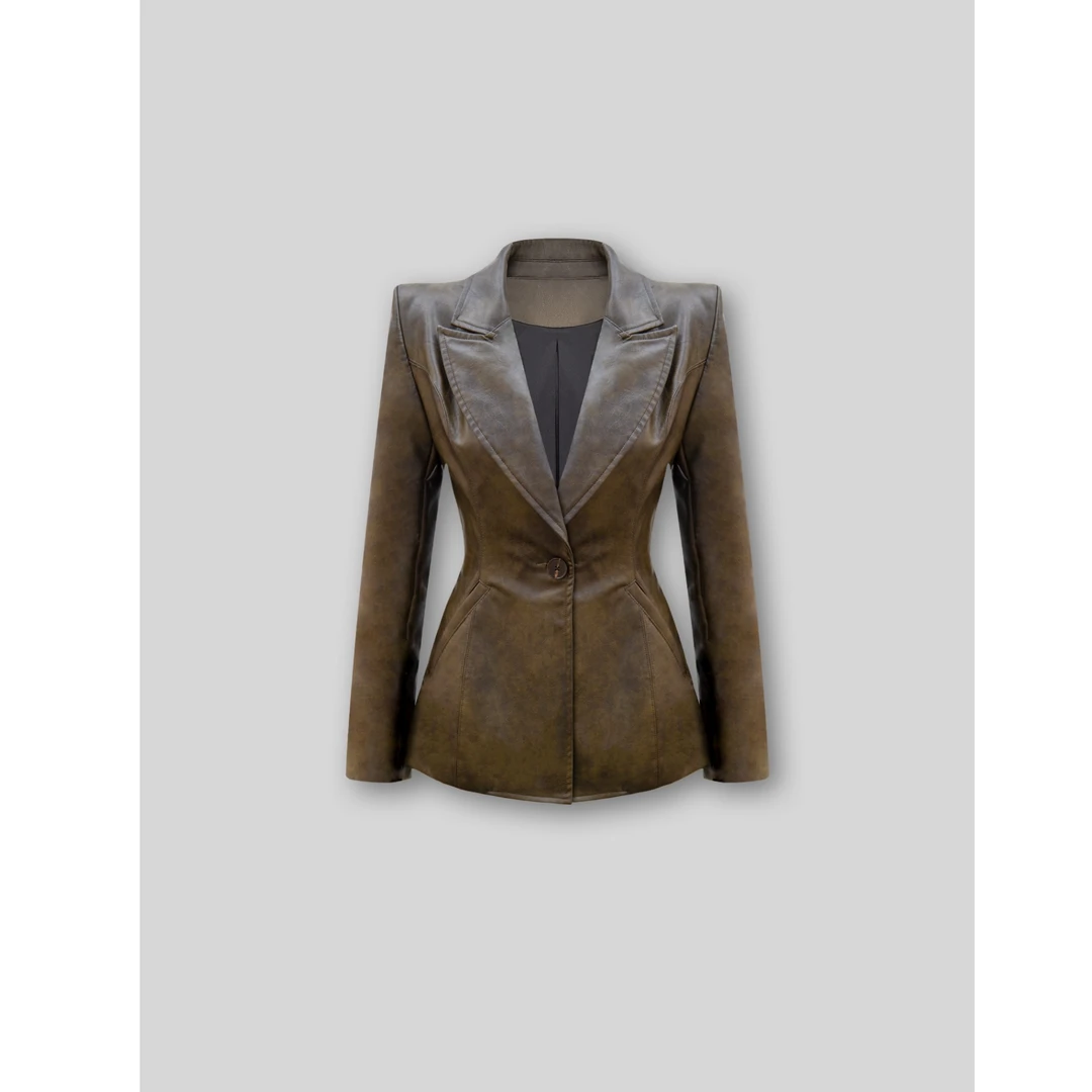 【蜜蜜家】提琴与萧伯纳 欧美辣妹复古擦色皮戗驳领宝塔肩西装 T077