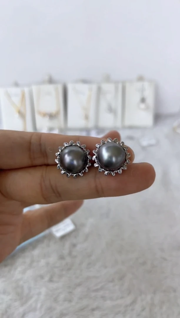 银S925镶嵌海水珍珠耳饰耳钉11-12