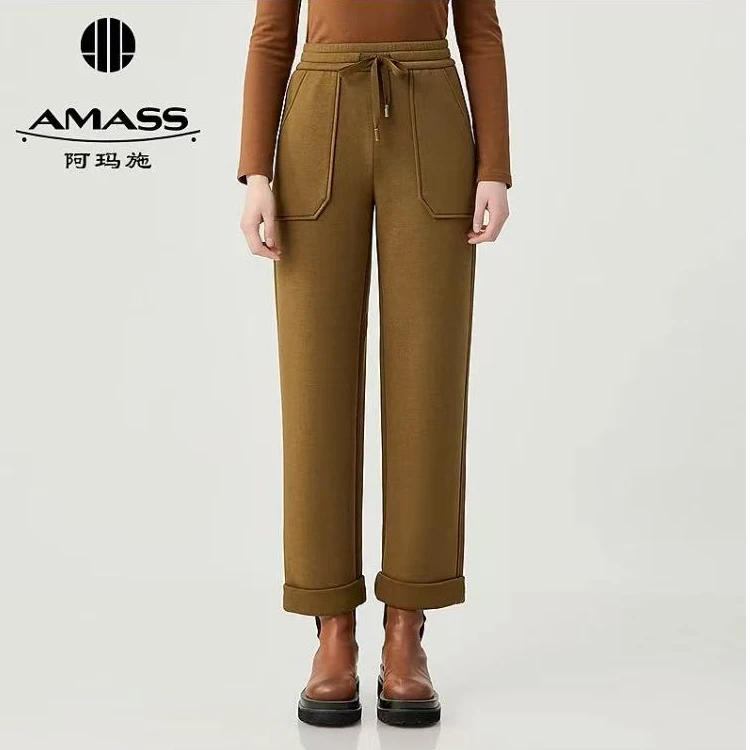 AMASS/阿玛施新款简约休闲舒适随性翻边裤脚抽绳松紧长裤子510015