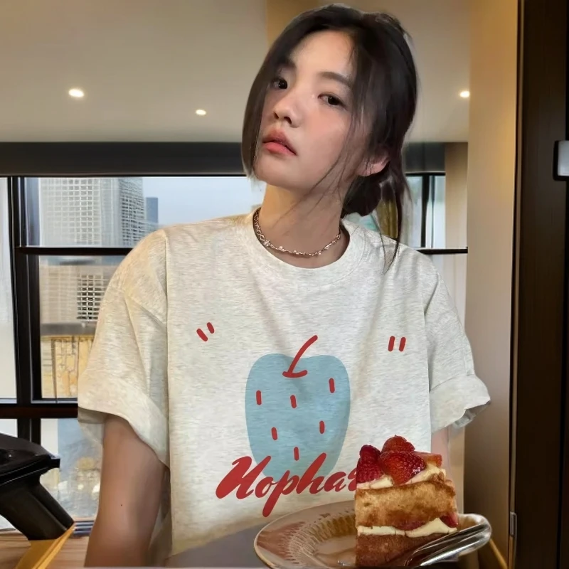 印花夏季纯棉正肩短袖设计感显瘦小众美式短袖宽松版t恤早秋上衣