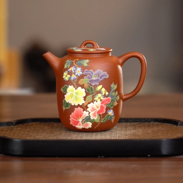 9182宜兴紫砂陶瓷珐琅彩茶具大红袍堆绘紫砂壶罐罐壶200ml左右YST
