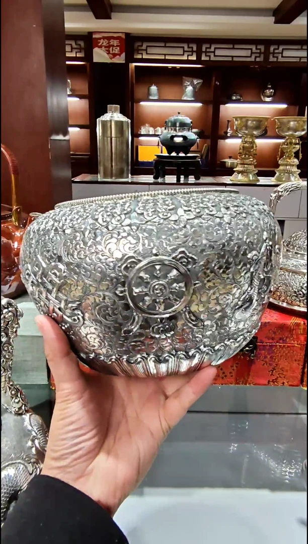 国**道足银精工手工八宝鏨刻茶洗茶摆件