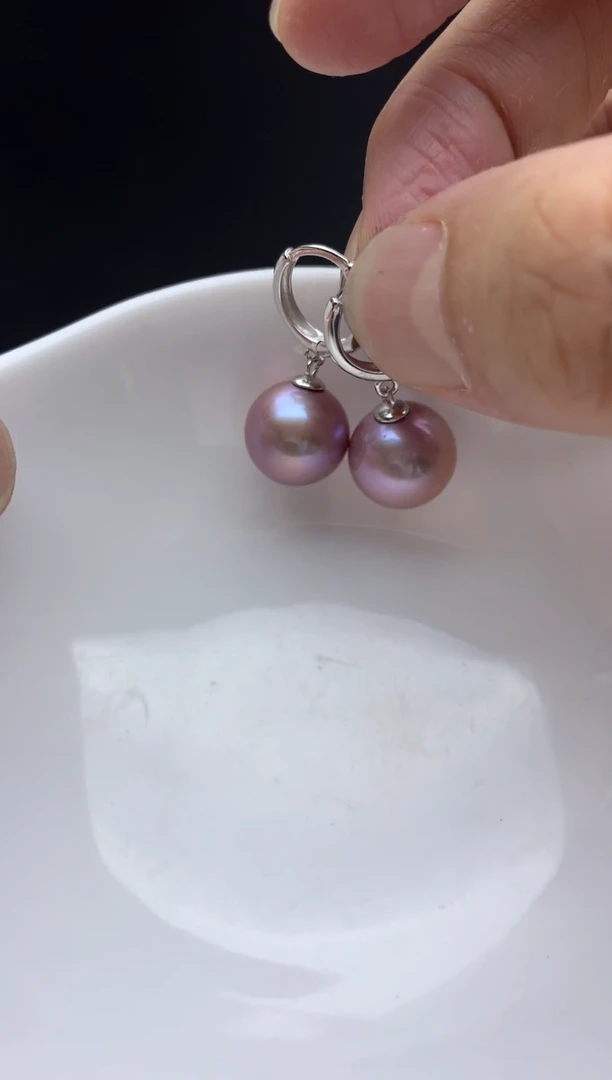 银S925镶嵌FF淡水珍珠紫珠耳饰11~12mm