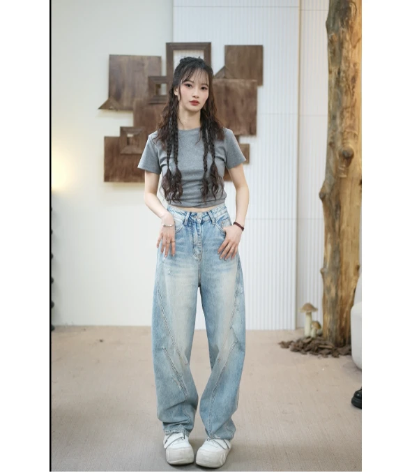 良社 · Minnie 【西海岸】 C春潮牌设计显瘦牛仔弯刀堆堆裤 XC33011