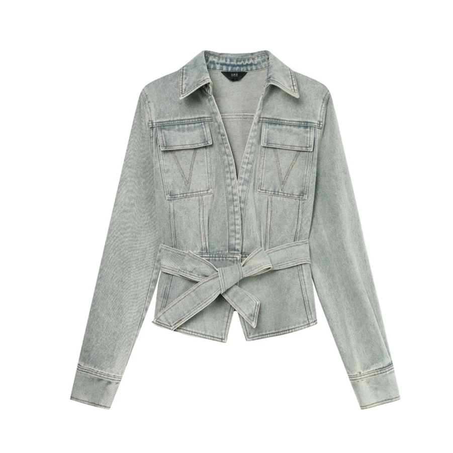 2025春新款时尚复古洗水工艺腰带女式外套牛仔上衣