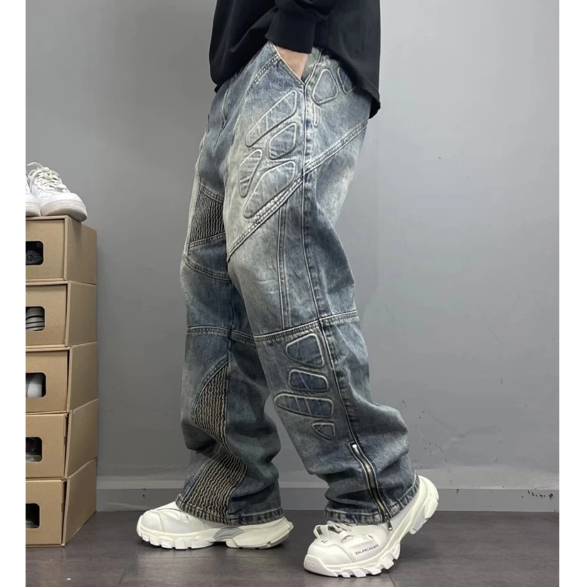 美式街头拉链机车风拼接牛仔裤男宽松直筒裤高街风痞帅阔腿裤潮流