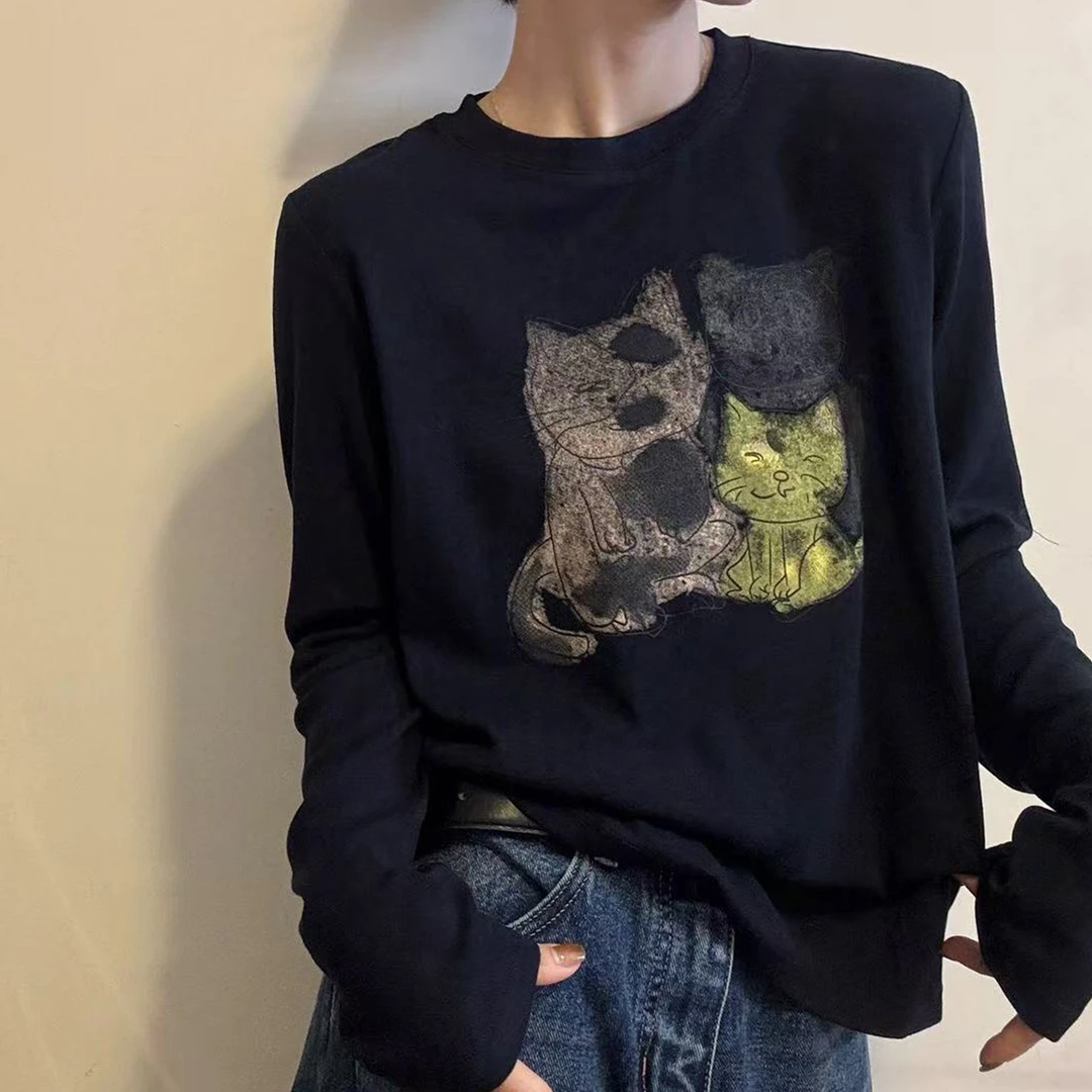 卡通印花长袖T恤女2025新款早秋爆款猫咪独特漂亮体恤洋气上衣