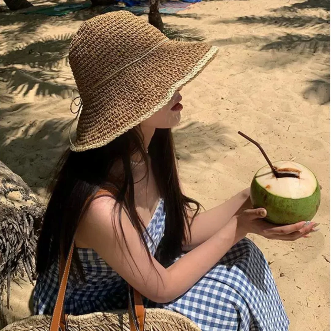 草帽女夏季新款出游防晒遮阳帽子海边沙滩可折叠渔夫帽旅游太阳帽