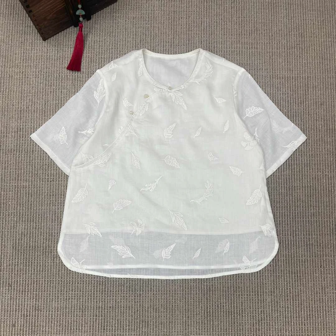 【麻布情结】苎麻刺绣圆领斜襟茶服 新中式小衫 金枝玉叶