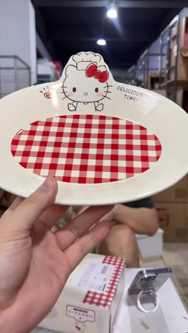 瓷片原盒kt猫红格子餐盘