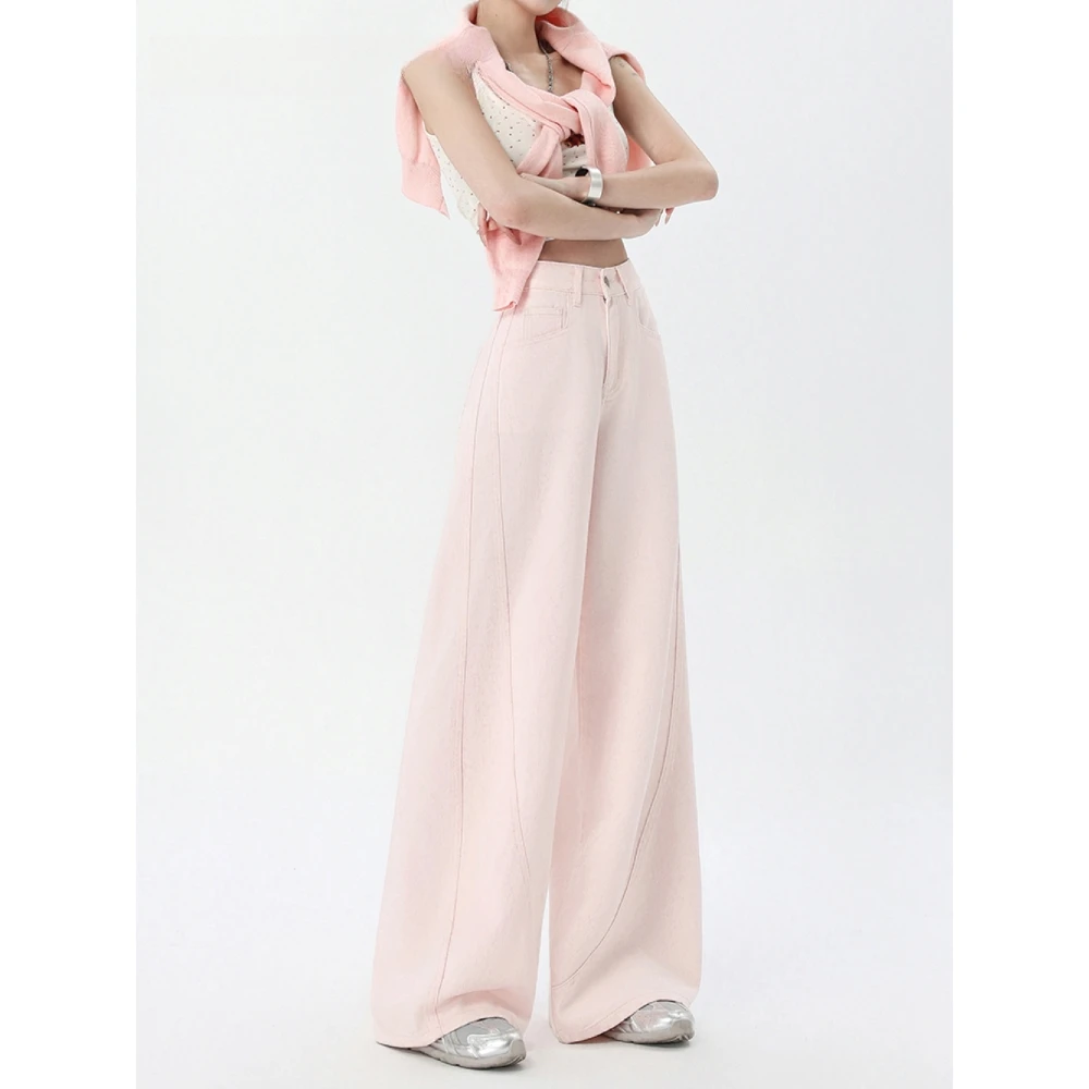 大码美式粉色阔腿牛仔裤女2025春季新款高腰宽松垂感直筒弯刀裤子