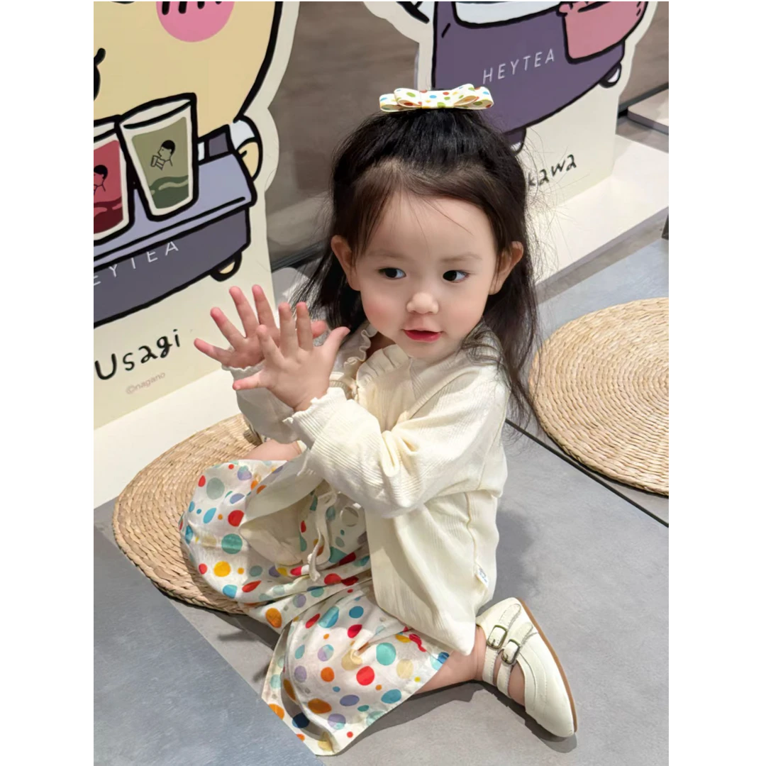 壹妈韩版童装女童秋装套装洋气儿童甜美时尚开衫外套上衣波点半裙