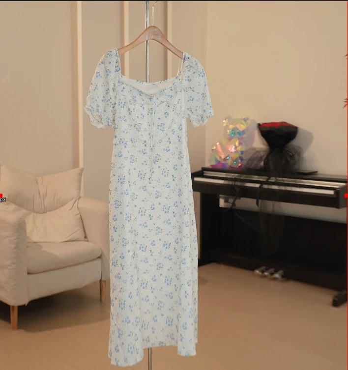 M022 ML系列木耳边方领长款印花连衣裙