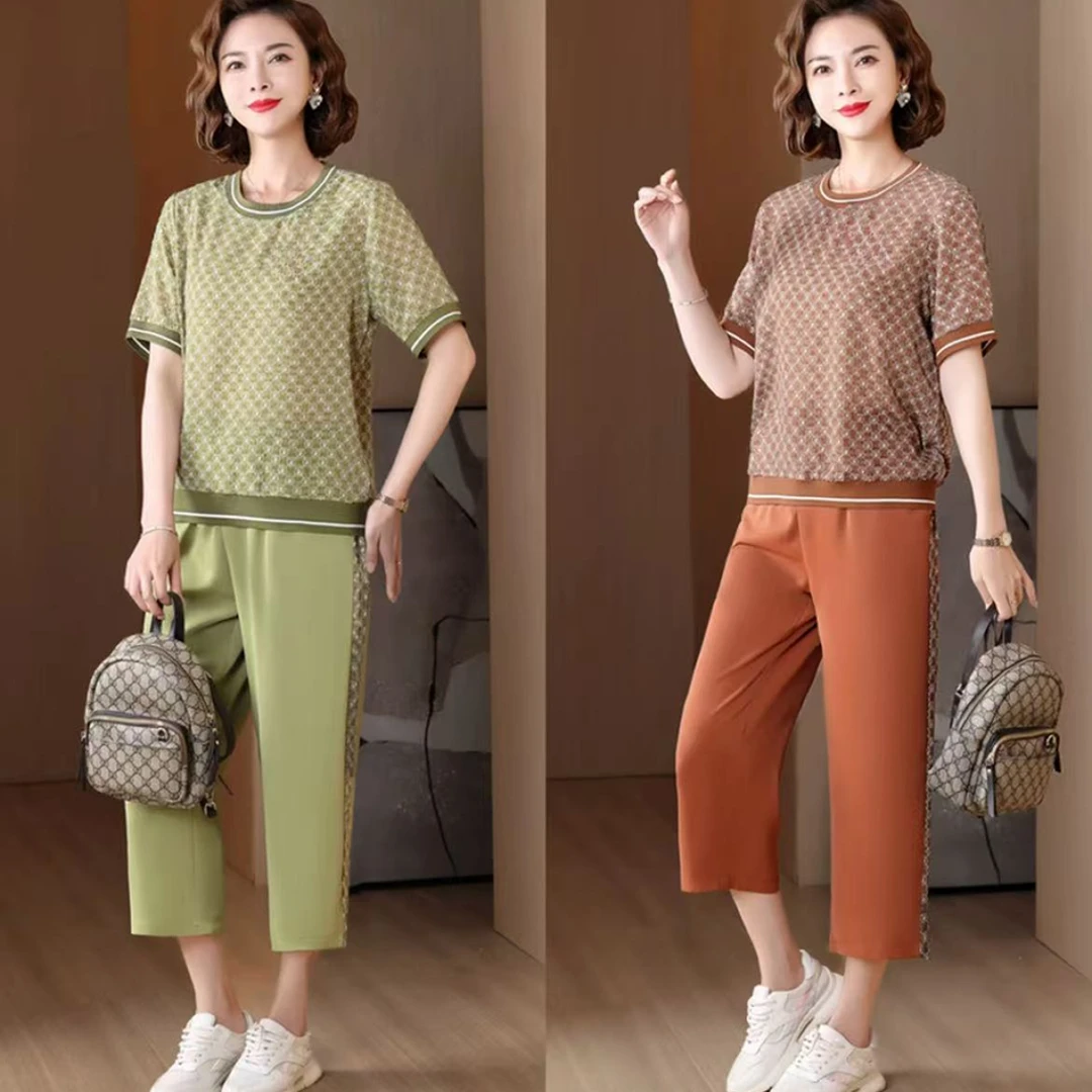 3009-休闲时尚印花套装显瘦女装减龄圆领百搭