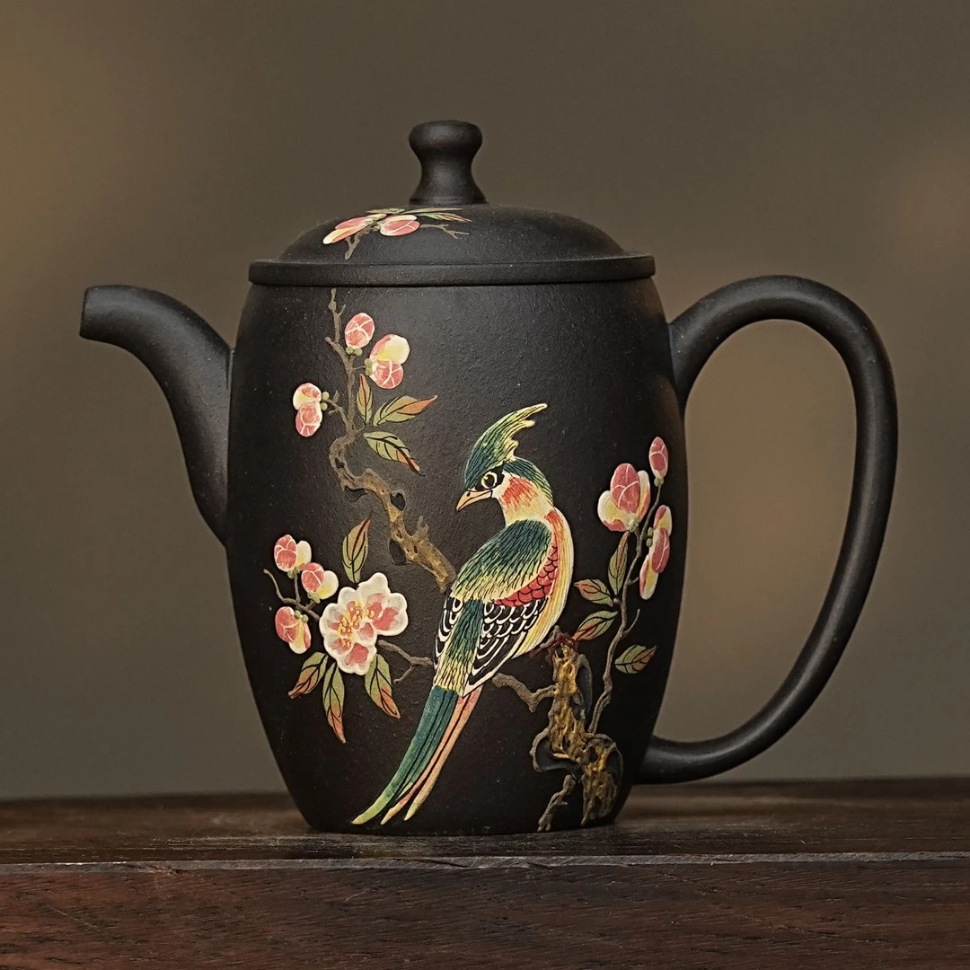 【1000花鸟壶】宜兴原矿紫砂手工堆绘桃花鸟 宫灯壶