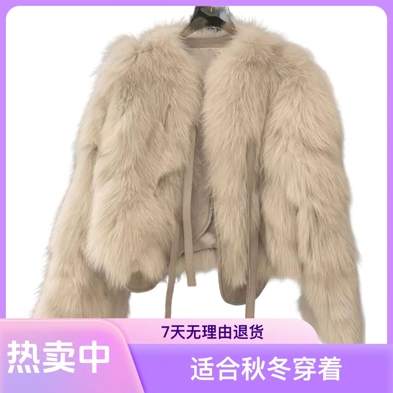 反季清仓仿狐狸毛皮草外套女短款2025秋冬新款韩版百搭系带厚上衣