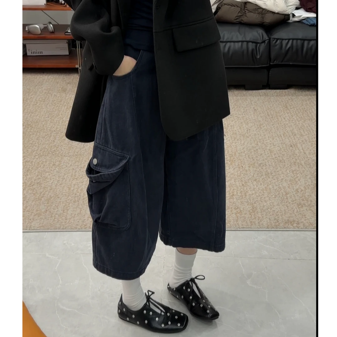 【清】2025冬季韩系口袋装饰工装厚款磨毛七分牛仔裤女直筒中裤1885