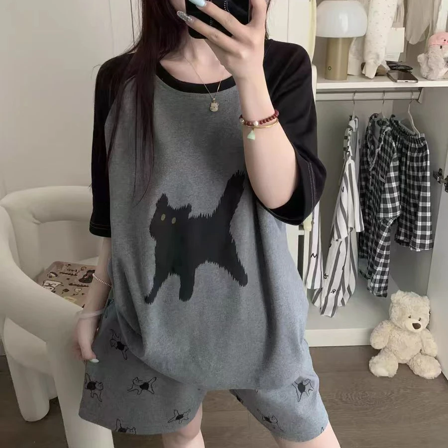 短袖短裤睡衣家居服套装韩版薄款印花大码宽松莫代尔圆领套头胖妹