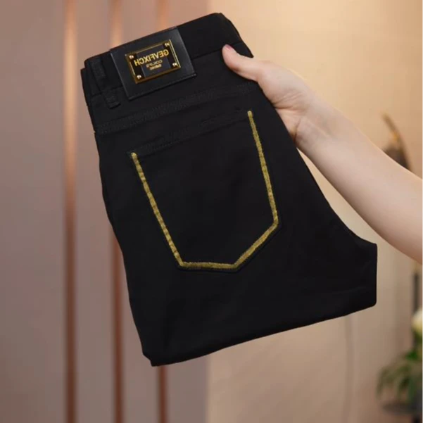 夏季手绘防褪色纯黑色高品质男士牛仔裤时尚休闲修身小脚弹力牛仔