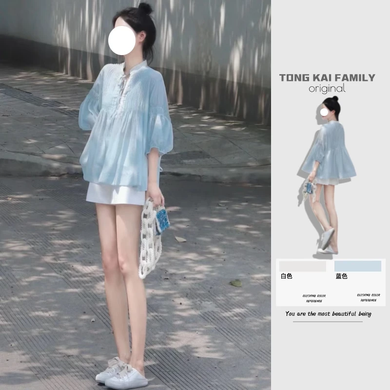 时尚洋气女装套装夏季新款七分半袖蓝色雪纺衬衫短裤气质两件套女