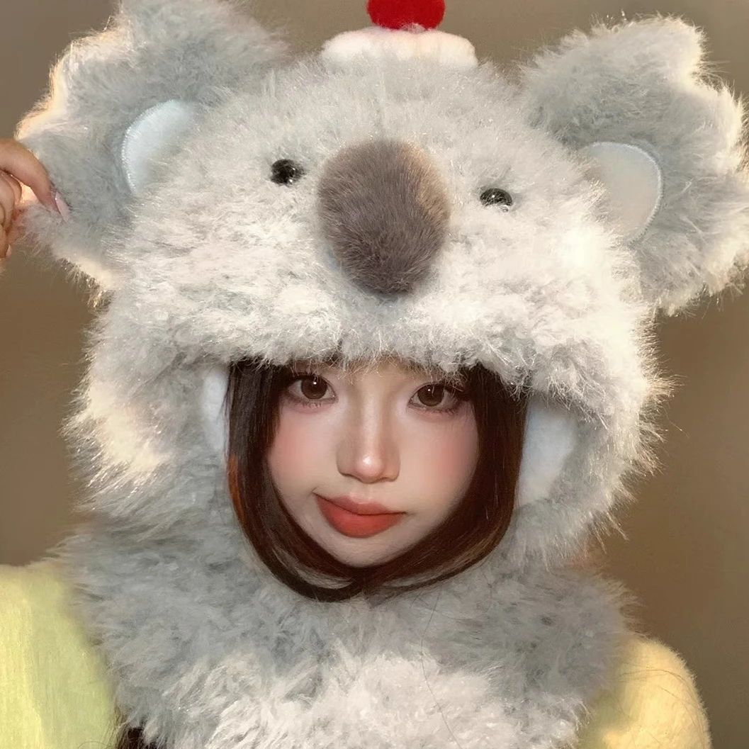 可爱耳朵会动的考拉毛绒帽子女秋冬保暖加绒加厚大头围护耳雷锋帽