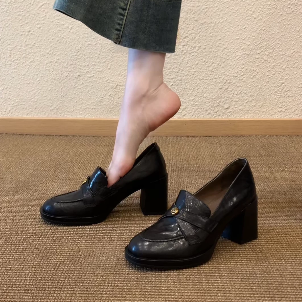 Pokoy-7cm百搭舒适JK女乐福鞋一脚蹬懒人圆头单鞋小皮鞋