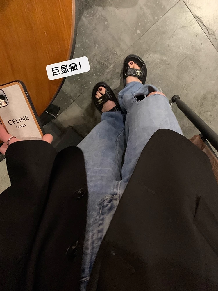 Halonini破洞牛仔裤女2025年新款春夏晾感薄款高腰显瘦宽松直筒裤