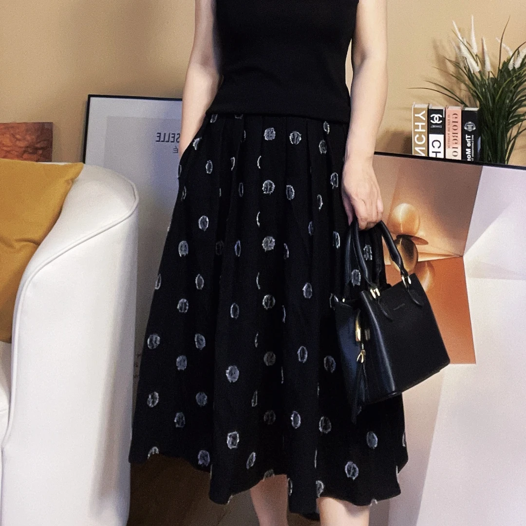 精致奢感春夏亚麻波点后松紧腰赫本风显瘦女士百半身裙经典半裙--