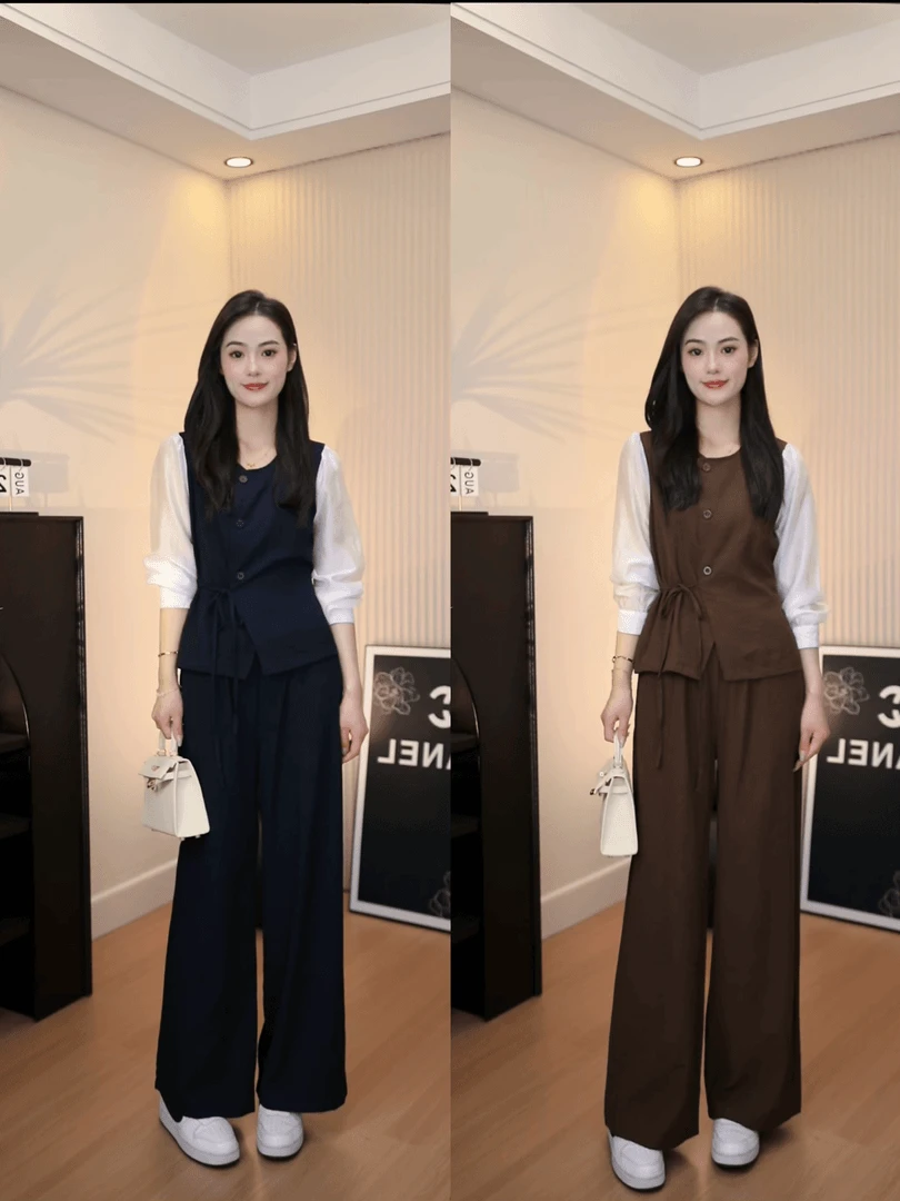设计感叠穿套装女2024秋装韩版休闲假两件上衣垂感阔腿裤两件套