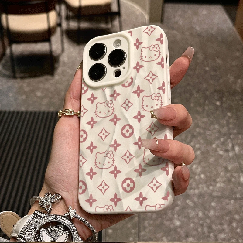满屏粉KT印花适用iphone16苹果15pro手机壳14plus褶皱13磨砂12/11