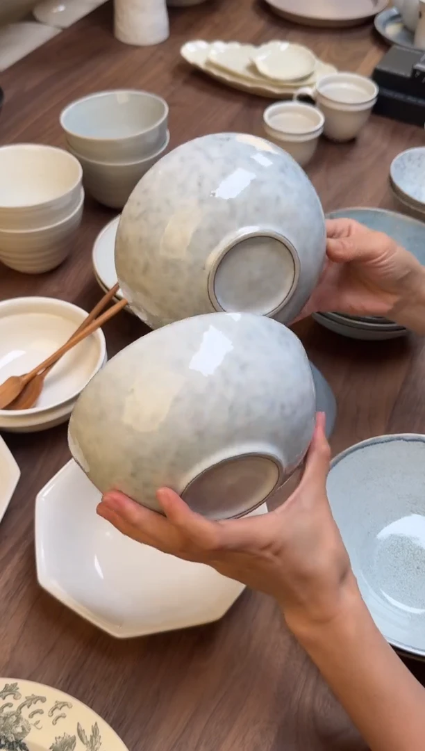 陶瓷雪花釉碗-冰灰圆底大碗瑕疵单只