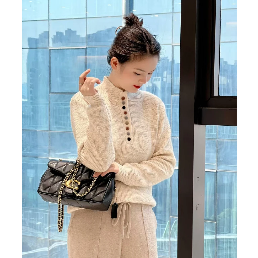 463冬季常规毛针织衫纯色冬季保暖圆领百搭套头单排扣